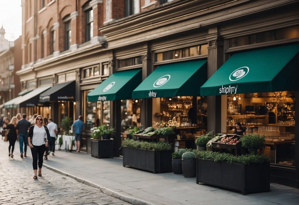 A bustling marketplace with two grand storefronts, one adorned with the Shopify Plus logo and the other with the BigCommerce Enterprise emblem, each vying for the attention of passing shoppers