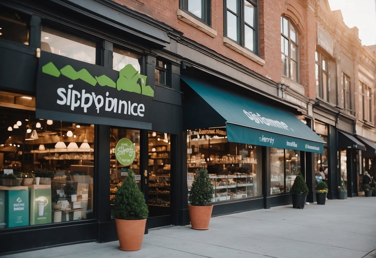 A bustling marketplace with Shopify Plus and BigCommerce Enterprise logos displayed prominently on storefronts, showcasing their features and benefits to potential customers