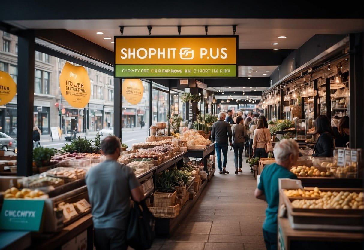 A bustling marketplace with two rival storefronts, one labeled "Shopify Plus" and the other "BigCommerce Enterprise," each adorned with vibrant banners and eager customers seeking answers