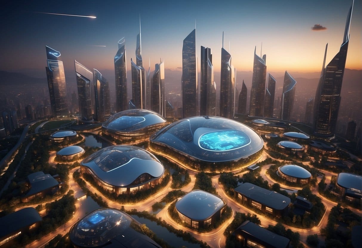 A futuristic city skyline with digital billboards displaying "cookieless future" solutions. Drones deliver packages to smart homes while AI robots assist with household tasks. Renewable energy sources power the city