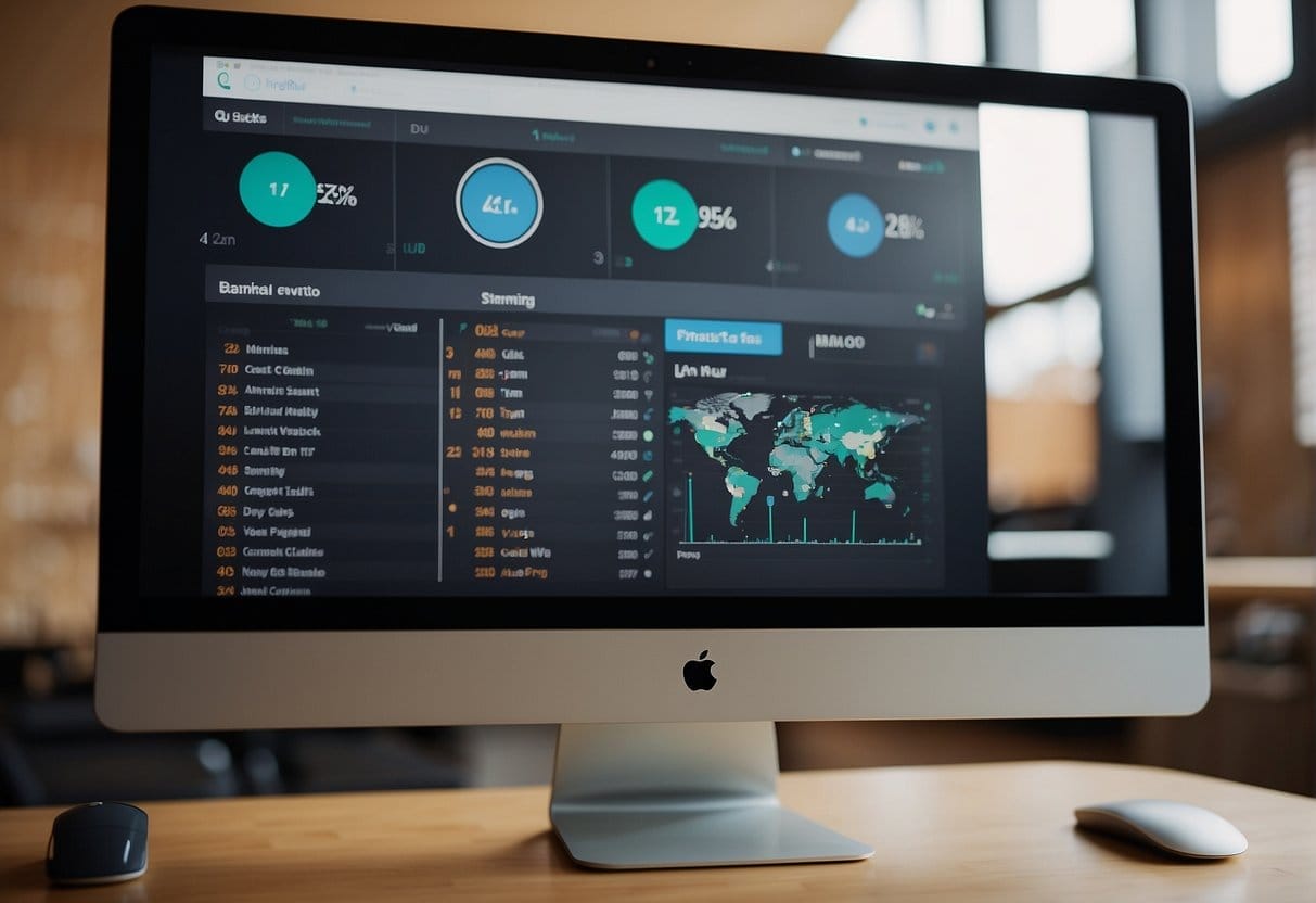 A computer screen with ClickFunnels open, showing affiliate marketing dashboard and sales funnel setup. Tabs for creating landing pages and tracking conversions visible