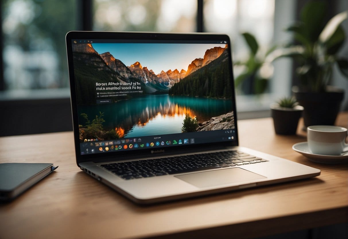 A laptop open on a desk, with a ClickFunnels website displayed. A person's hand reaches for a mouse, ready to start affiliate marketing