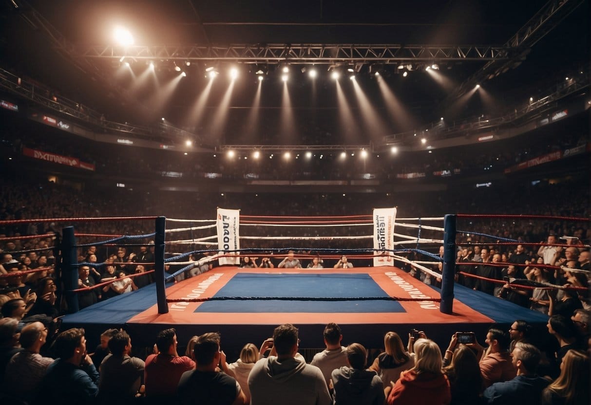 A boxing ring with "activecampaign" and "clickfunnels" logos on opposite corners, surrounded by cheering fans holding signs and banners