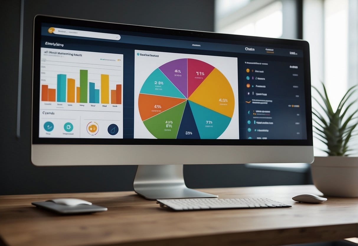 A computer screen displaying a sleek and modern email marketing dashboard with colorful graphs and charts, showcasing Klaviyo's powerful analytics and campaign management tools