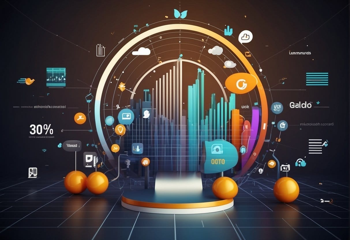 A graph showing steady upward trend, surrounded by various icons representing digital marketing, social media, and customer engagement