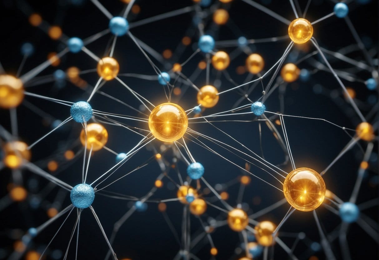 A web of interconnected nodes representing touchpoints, with varying sizes and colors, leading to a central point symbolizing attribution in a time decay model