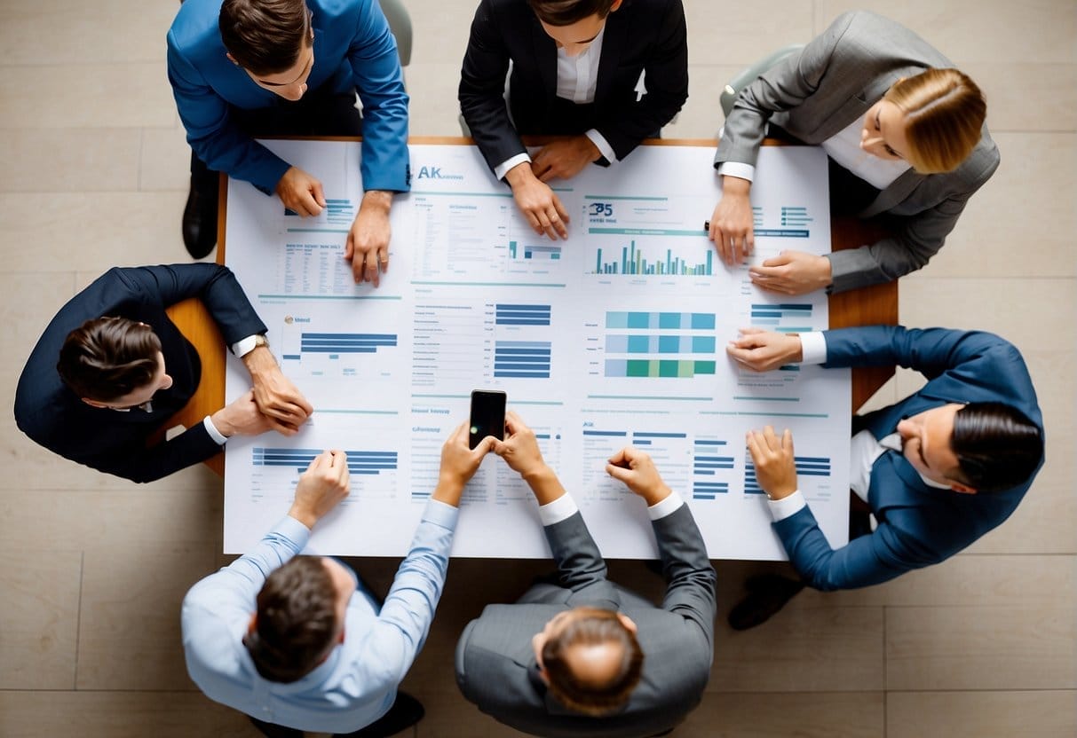 A group of professionals huddle around a conference table, discussing and planning their outreach strategy for b2b appointment setting. Charts and graphs are spread out in front of them as they brainstorm and strategize