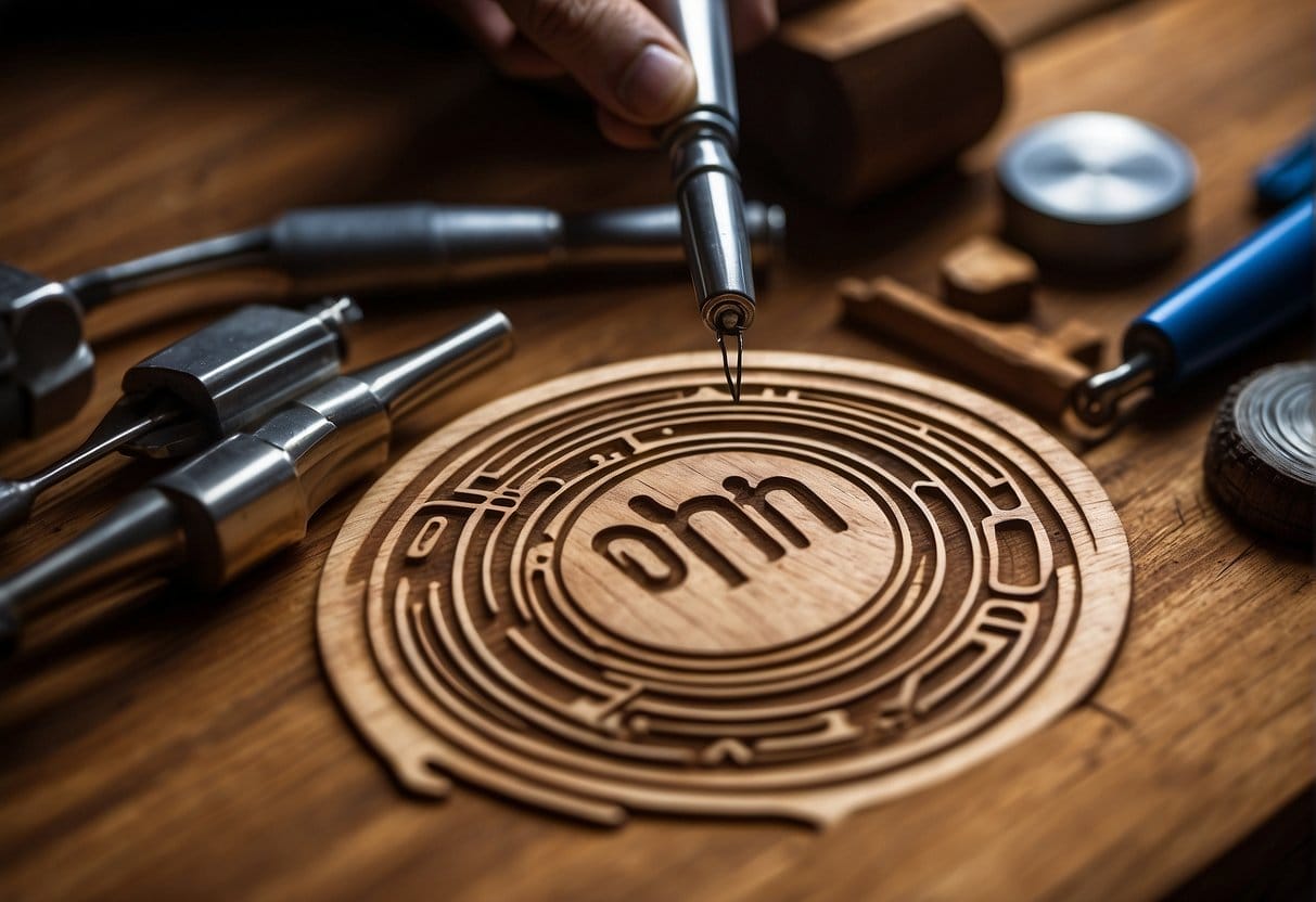 A brand logo being carefully etched into a piece of wood, surrounded by various tools and materials used for crafting