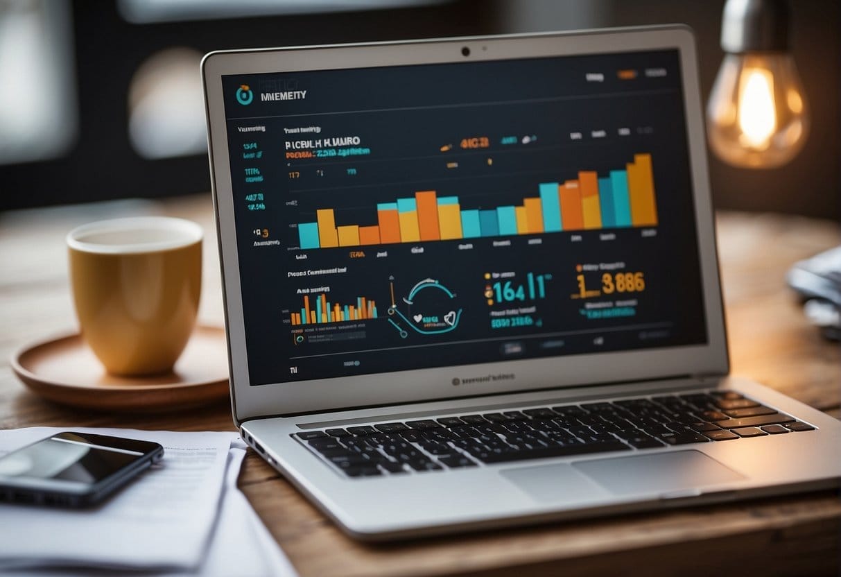 An open laptop displaying an email marketing dashboard with graphs and charts, surrounded by a variety of product images and marketing materials