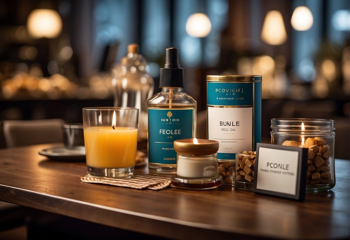 A table with various products arranged in a visually appealing manner, with price tags and a sign indicating "Bundle Deals" for increased AOV