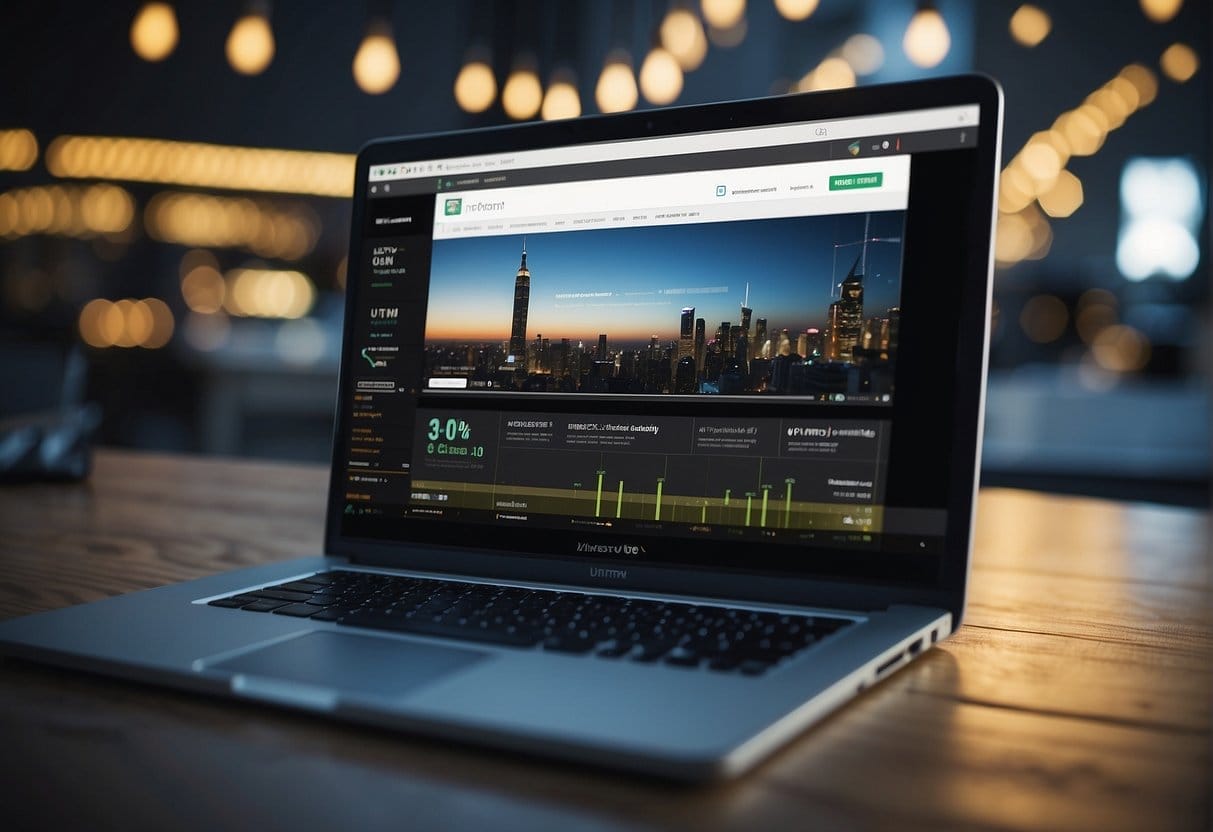 A computer screen displaying a website with UTM parameters in the URL, while a chart shows the increase in traffic and conversions