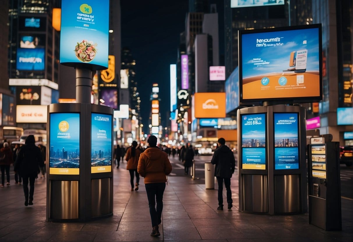 A vibrant cityscape with billboards, mailboxes, and digital screens displaying targeted ads. People engaging with promotional materials and making purchases