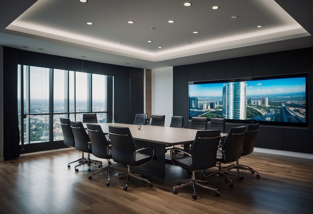 A conference room with a large screen displaying a dynamic B2B video marketing strategy presentation. Executives engage in lively discussion