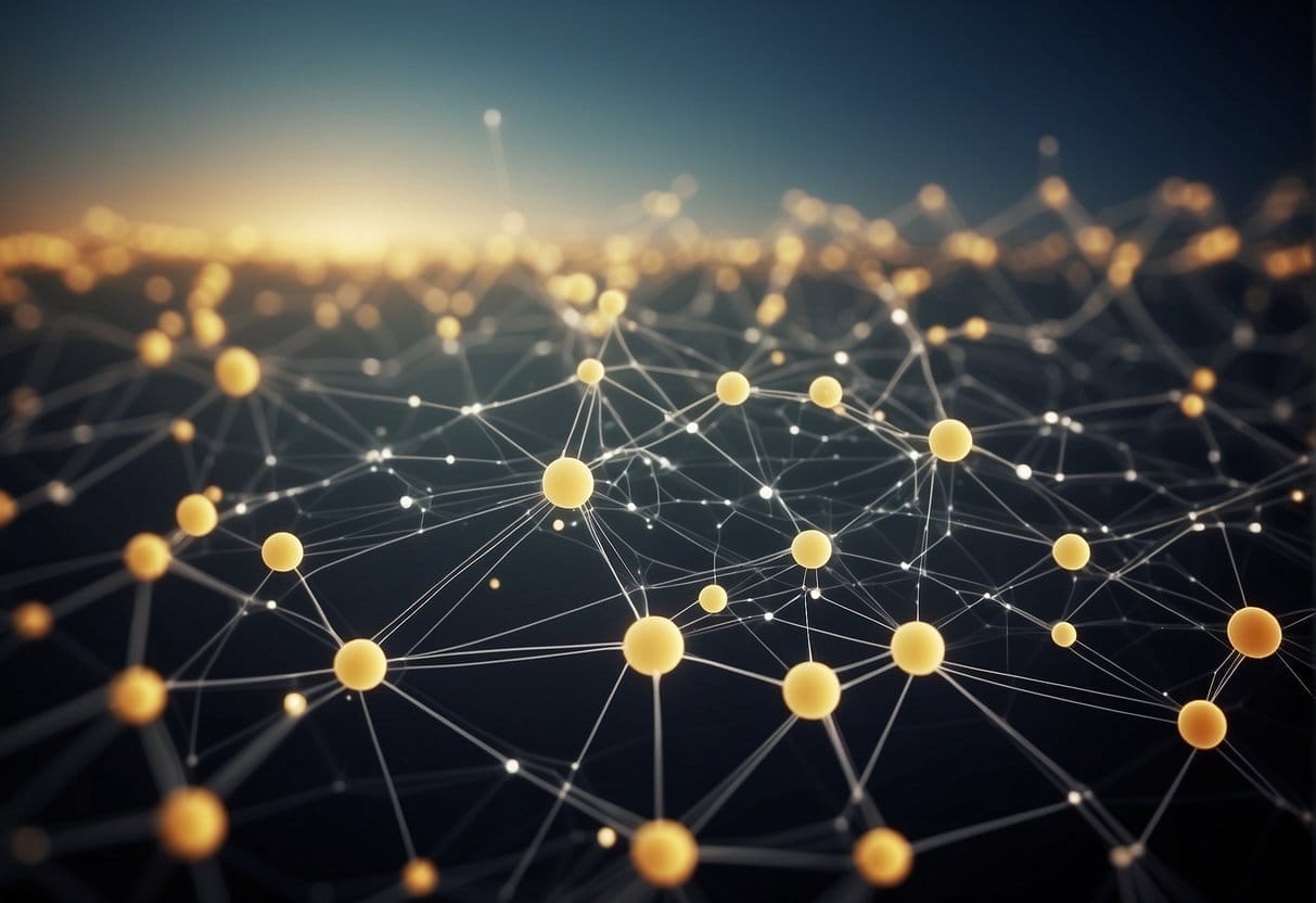 A network of interconnected data points flows through a complex system, visualized as a web of lines and nodes, representing the technical aspects of data insight