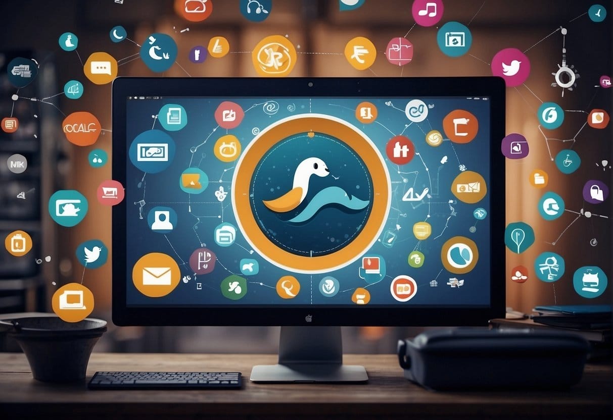 A computer screen displaying triplewhale logo, surrounded by various marketing channels icons such as social media, email, and website