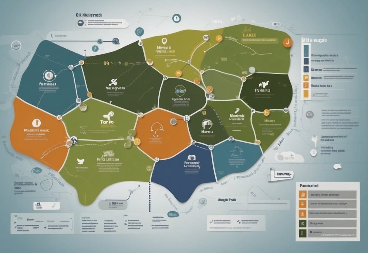 A map with various touchpoints and data points, showing the customer journey from awareness to purchase and beyond