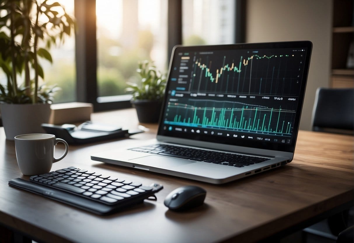 A computer screen displays SEO analytics charts and graphs. A keyboard and mouse sit on the desk next to it