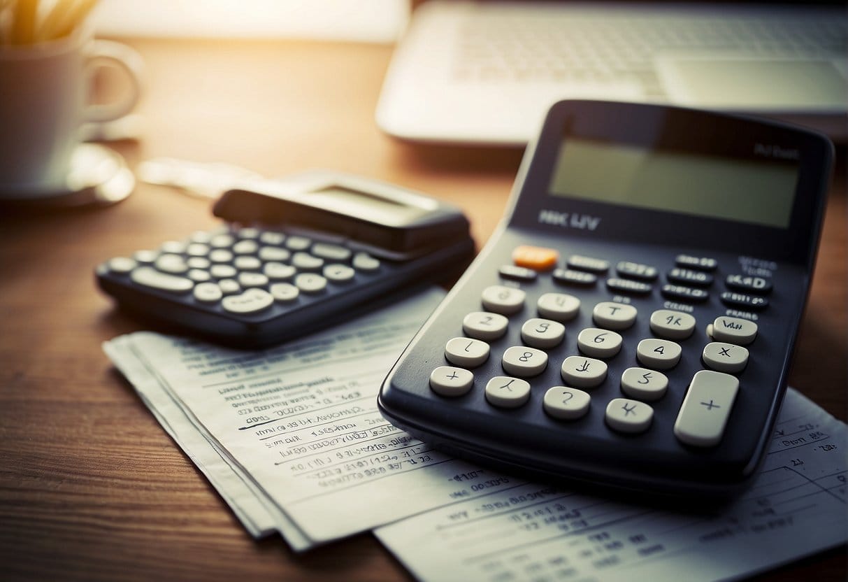 A calculator next to a chart showing customer retention and revenue growth over time, with an equation for LTV displayed prominently