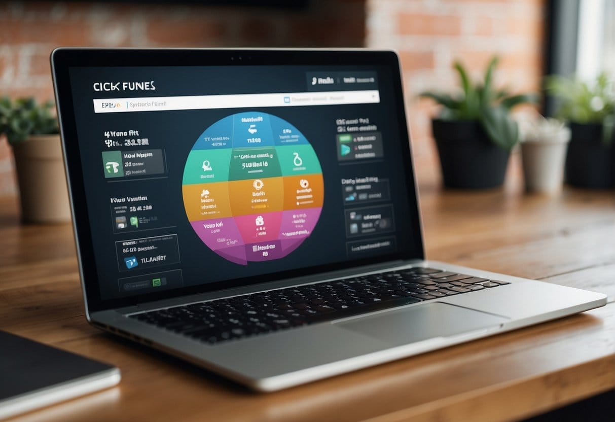 A laptop screen showing ClickFunnels 2.0 interface with various marketing and sales funnel options