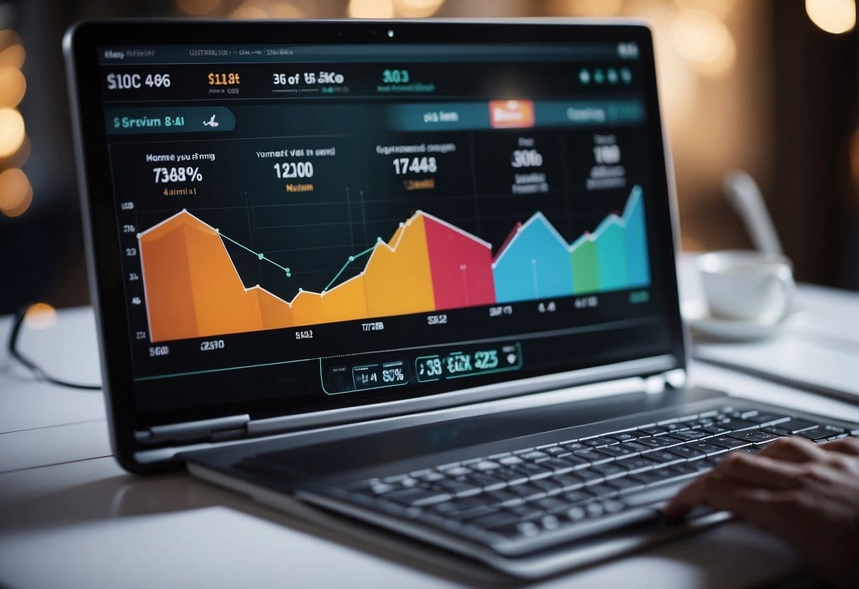 A computer screen displaying a sales funnel with multiple stages and clear customer journey paths. Graphs and data charts show conversion rates and customer engagement