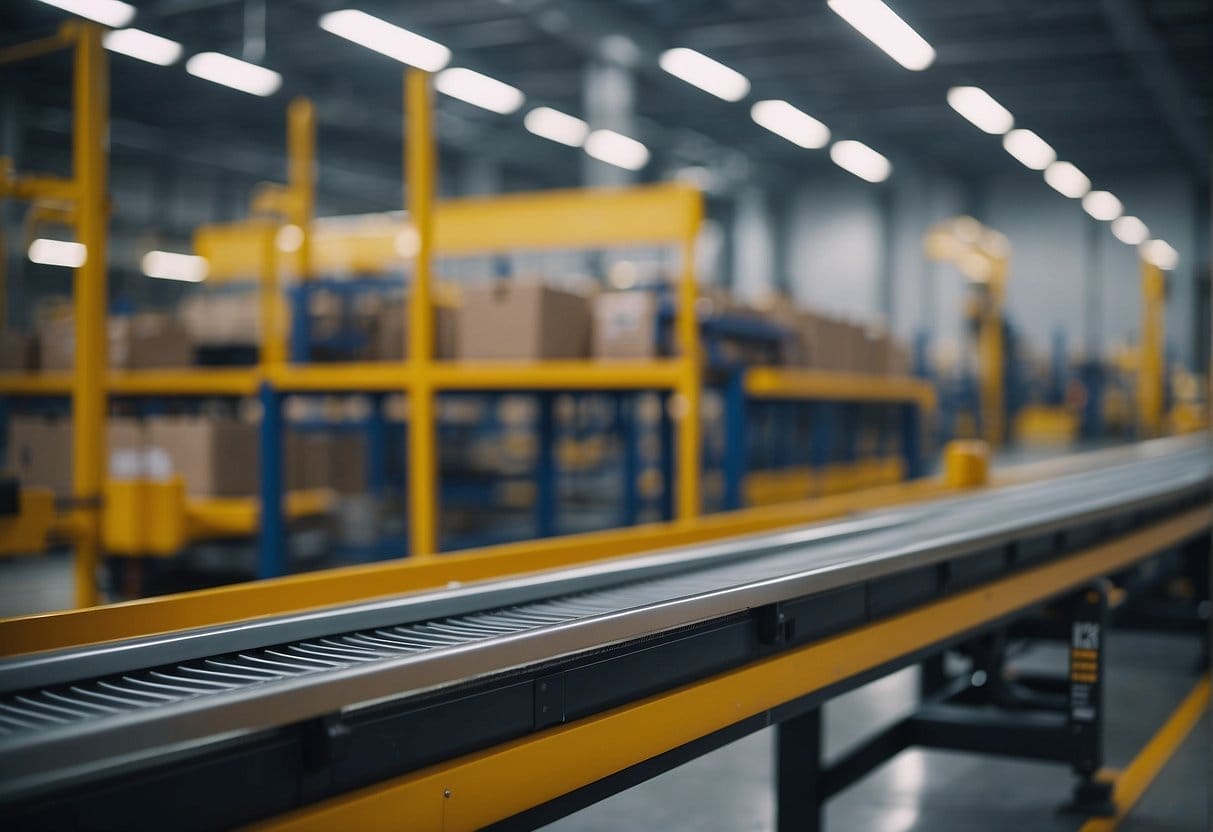 An automated conveyor belt moves packages through a warehouse, while robotic arms sort and stack products for shipping