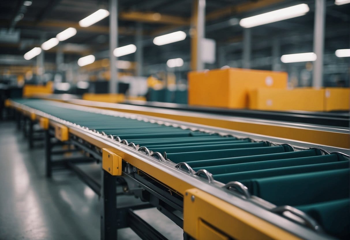 A conveyor belt system efficiently sorts and processes ecommerce orders in a modern warehouse