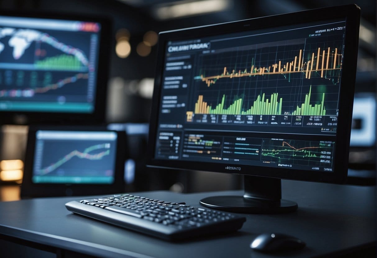 A computer screen displaying graphs and charts, surrounded by various analytical tools and processes