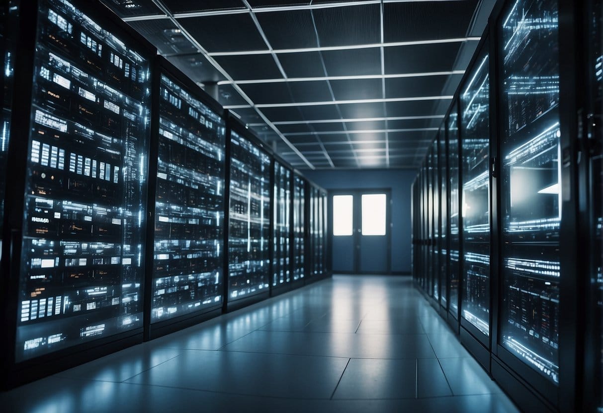 A server room with rows of neatly organized data racks, labeled with different categories. A team of technicians monitoring and managing the data flow