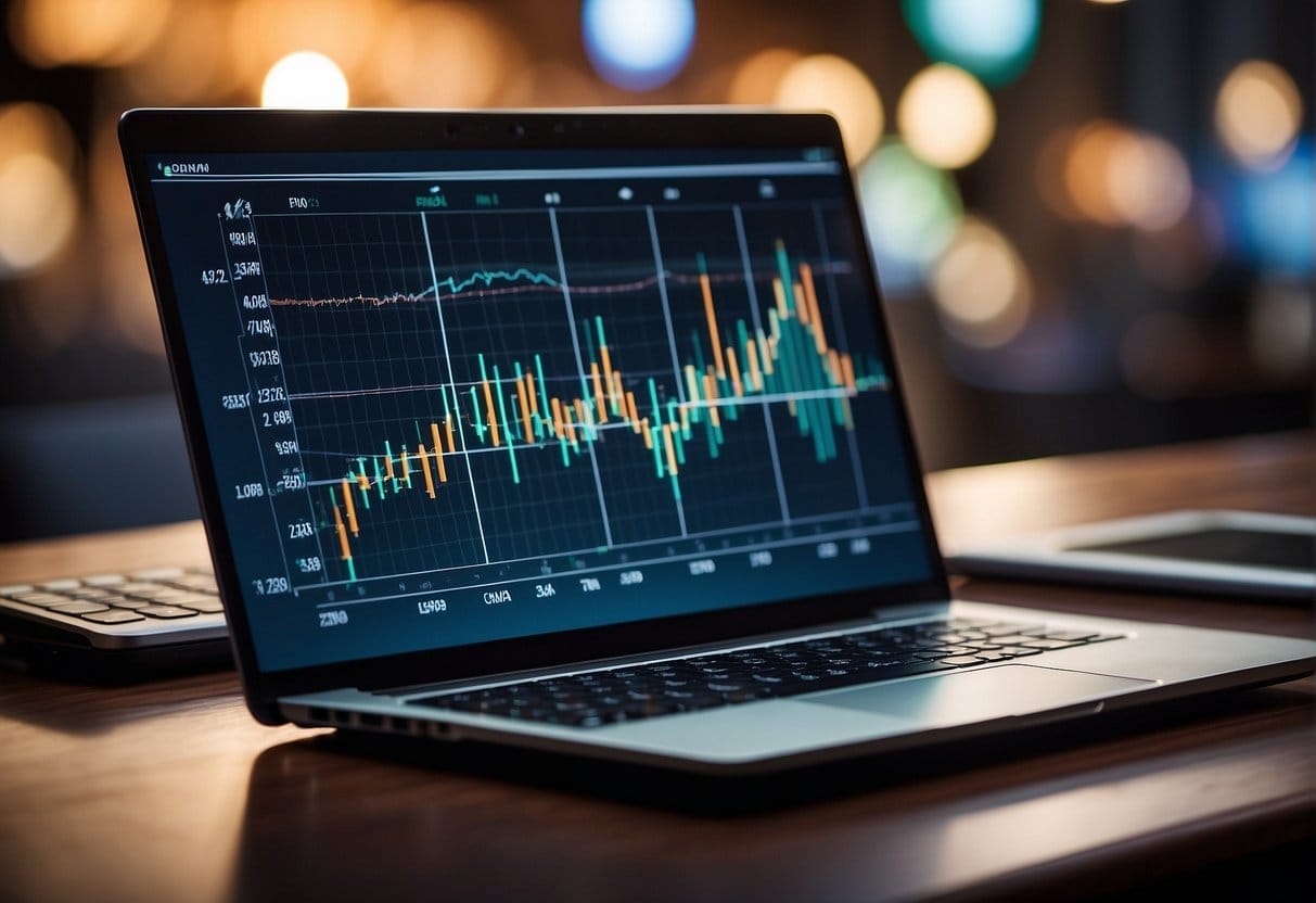 A laptop displaying a graph with increasing numbers, surrounded by dollar signs and marketing icons