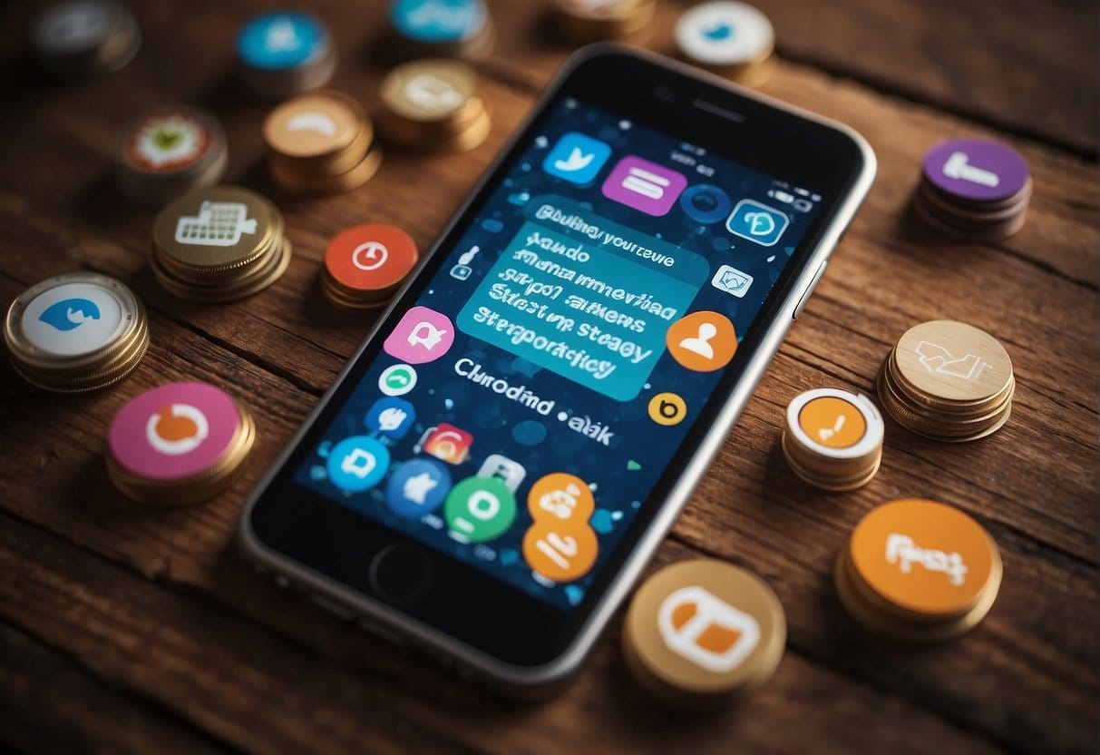 A smartphone displaying a text message with "Building Your SMS Marketing Strategy" on the screen, surrounded by icons representing different marketing tools