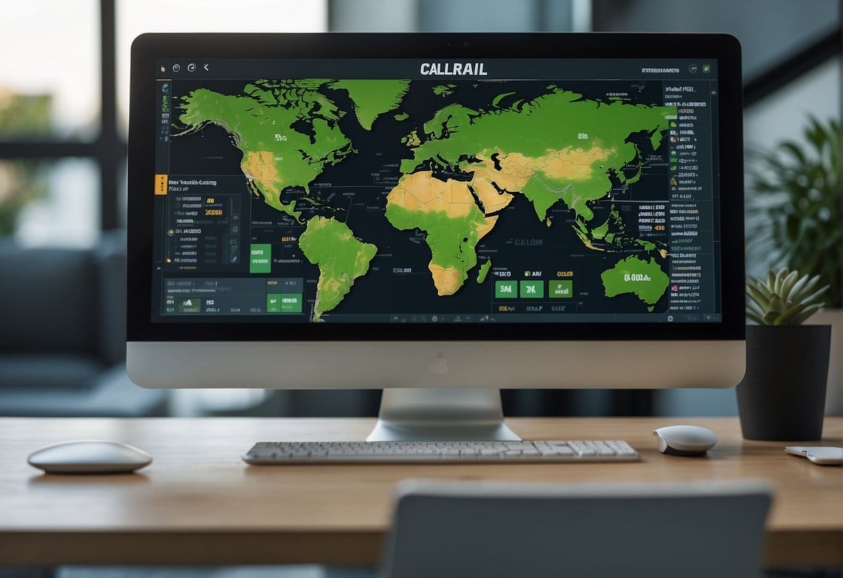 A computer screen displays the CallRail dashboard with various call tracking and analytics features. A phone sits nearby with a CallRail sticker