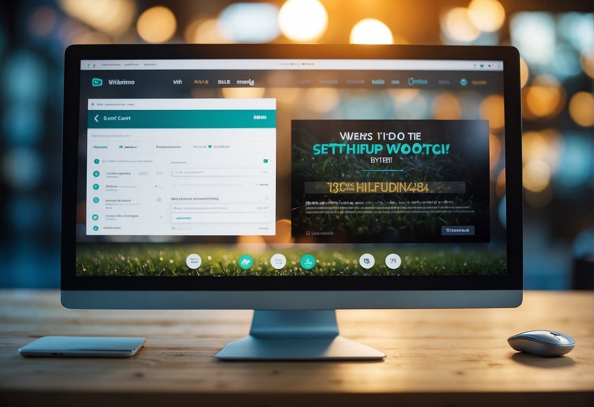 A computer screen showing two tabs open, one for WooCommerce and one for Shopify. Each tab displays the interface for setting up an online store