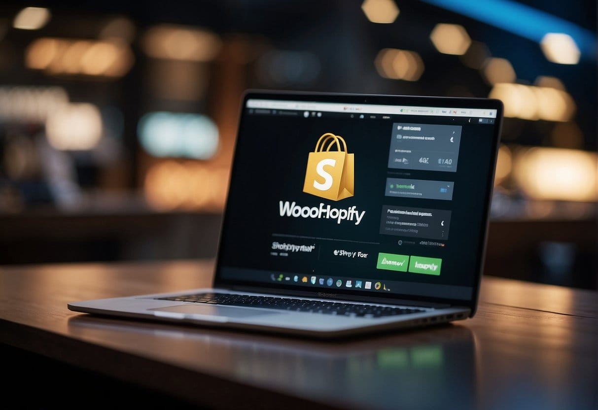 Two e-commerce platforms, WooCommerce and Shopify, facing off with their logos prominently displayed, surrounded by digital sales data and customer reviews