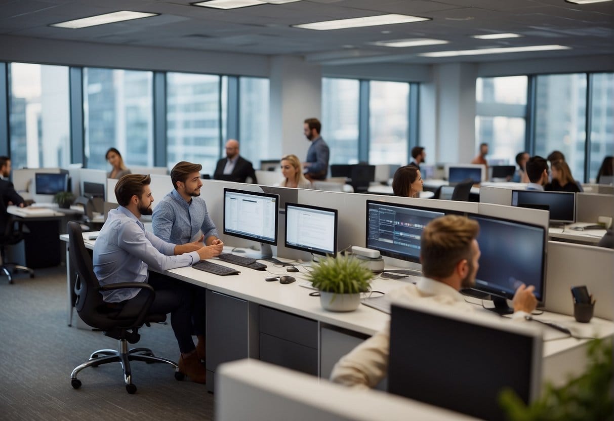 A bustling office with employees at their desks, collaborating on projects, and discussing strategies for CPA lead generation