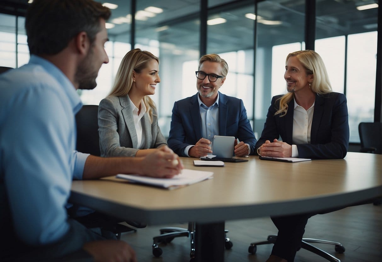 A group of professionals discussing financial strategies in a modern office setting